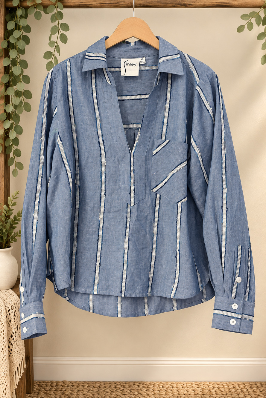 Finley Joni Popover Top Ethnic Stripe Blue XS Cotton Viscose Made USA Preloved